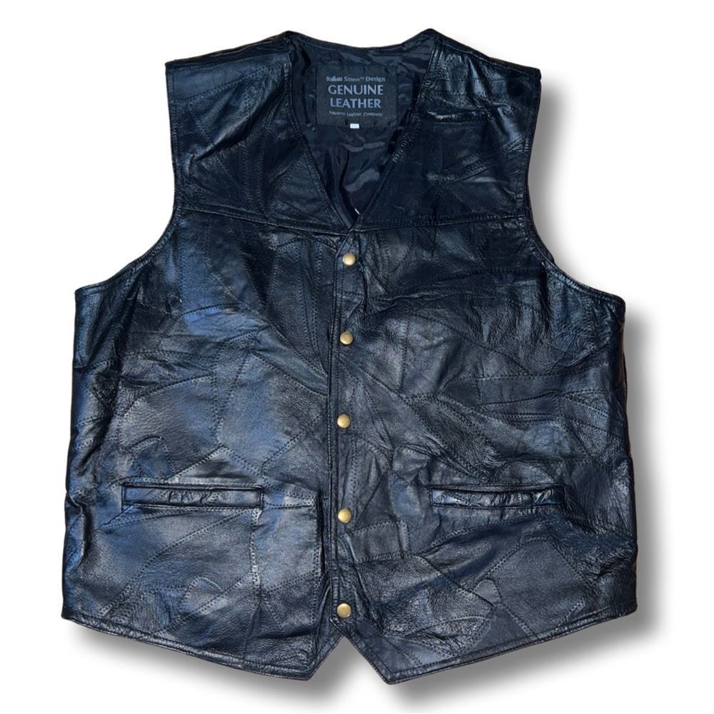 Vintage Italian Stone Design Black Leather Patchwork Vest Men’s XL Navarre